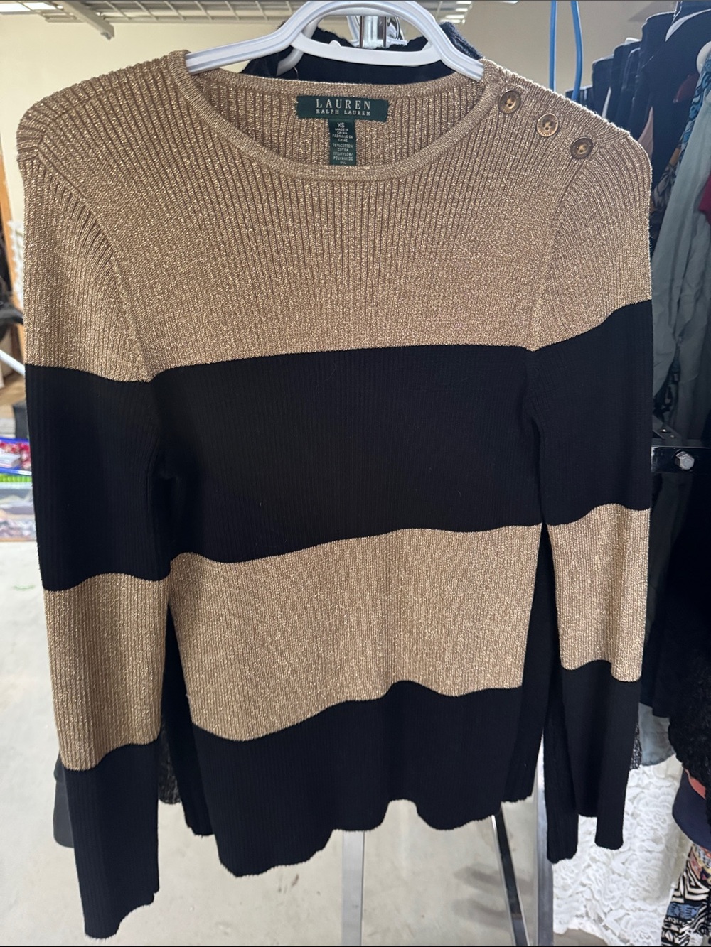 Lauren Ralph Lauren Black and Gold Stripe Button-Shoulder Sweater